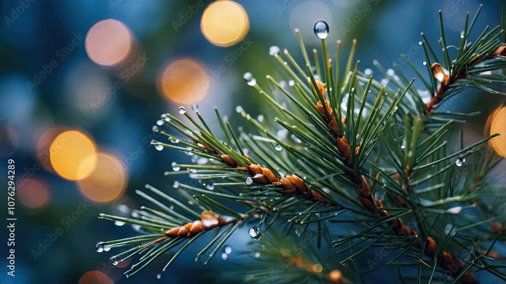 Evergreen Branch with Raindrops and Glow
Evergreen Branch with Raindrops and Glow