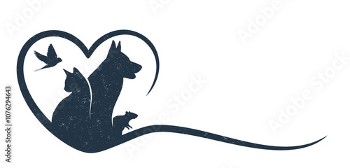 Heart symbol with silhouettes of pets and bird.