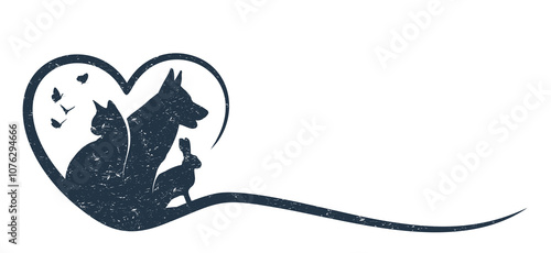 The symbol of a heart with pets and butterflies.