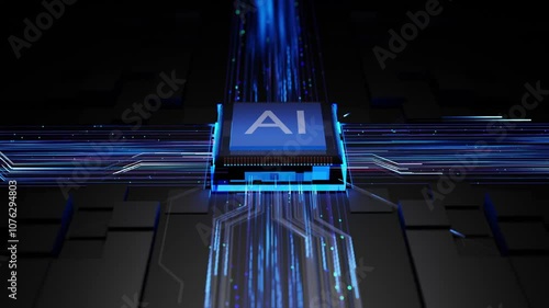 A video of an AI processing chip integrated into a high-tech circuit board. The chip glows with blue neon lines that indicate data transfer, surrounded by a modern, black, technological environment.