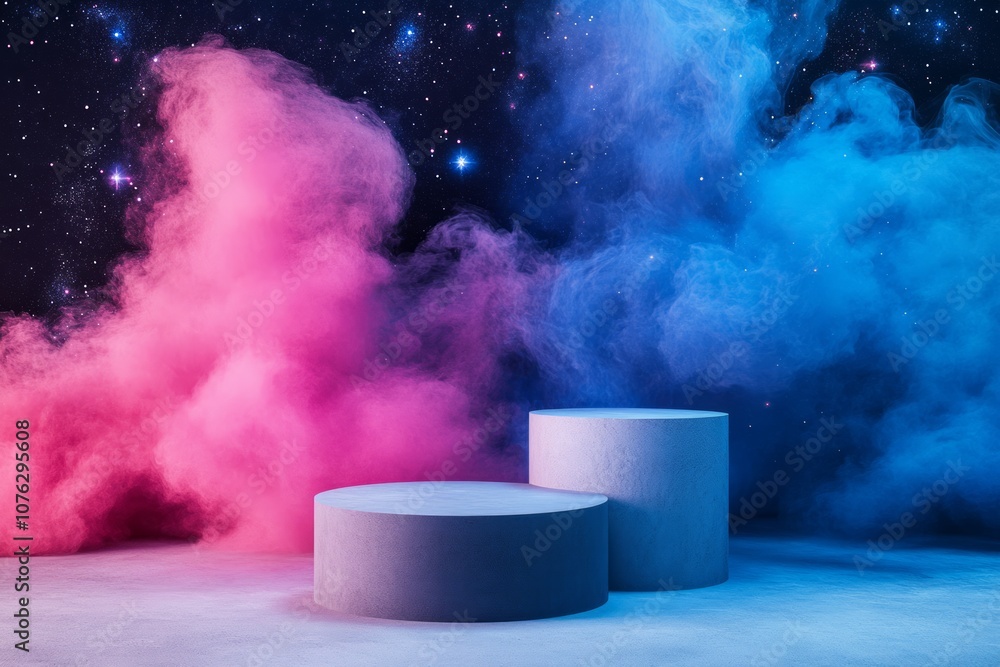 product podium display 3d of Empty level Cylinders with smoke and neon circle product podium display 3d of Empty level Cylinders with smoke and neon circle