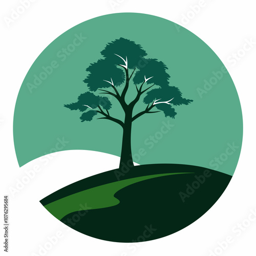 Lone tree on hill silhouette vector illustration on white background