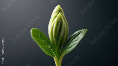 Close-up of a green plant bud surrounded by two large glossy leaves against a dark, blurred background.