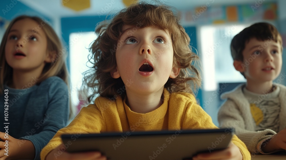 A group of children using tablets or computers in a modern classroom. A group of children using tablets or computers in a modern classroom.