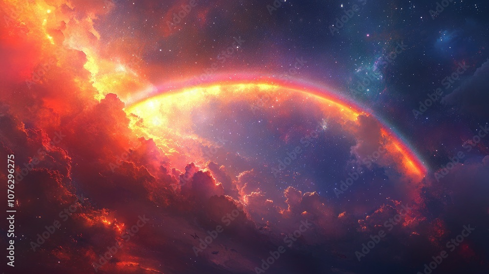 Stunning Celestial Rainbow Arc Illuminating a Vibrant Galactic Sky Filled with Colorful Clouds and Twinkling Stars in a Dreamlike Cosmic Landscape Stunning Celestial Rainbow Arc Illuminating a Vibrant Galactic Sky Filled with Colorful Clouds and Twinkling Stars in a Dreamlike Cosmic Landscape