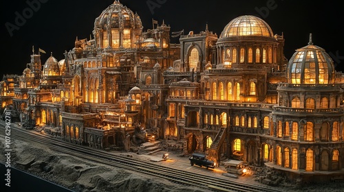 A model of a city with a clock tower. This concept fantasy architecture and building