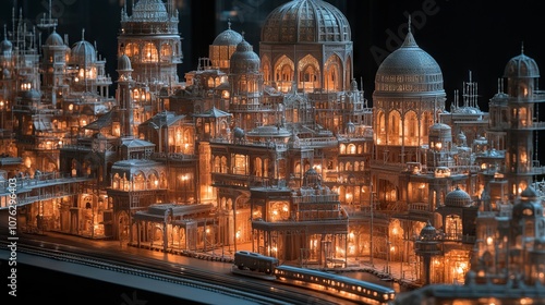 A model of a city with a clock tower. This concept fantasy architecture and building