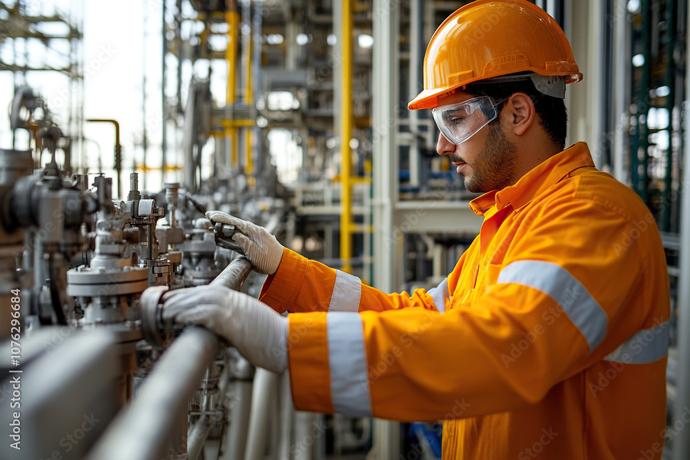 A man in an orange jacket and helmet maintains the pipeline at the plant. Industrial enterprise concept. Generated by artificial intelligence A man in an orange jacket and helmet maintains the pipeline at the plant. Industrial enterprise concept. Generated by artificial intelligence
