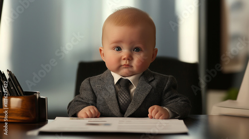 Baby dressed in tiny business suit, sitting at office desk, serious expression, soft lighting