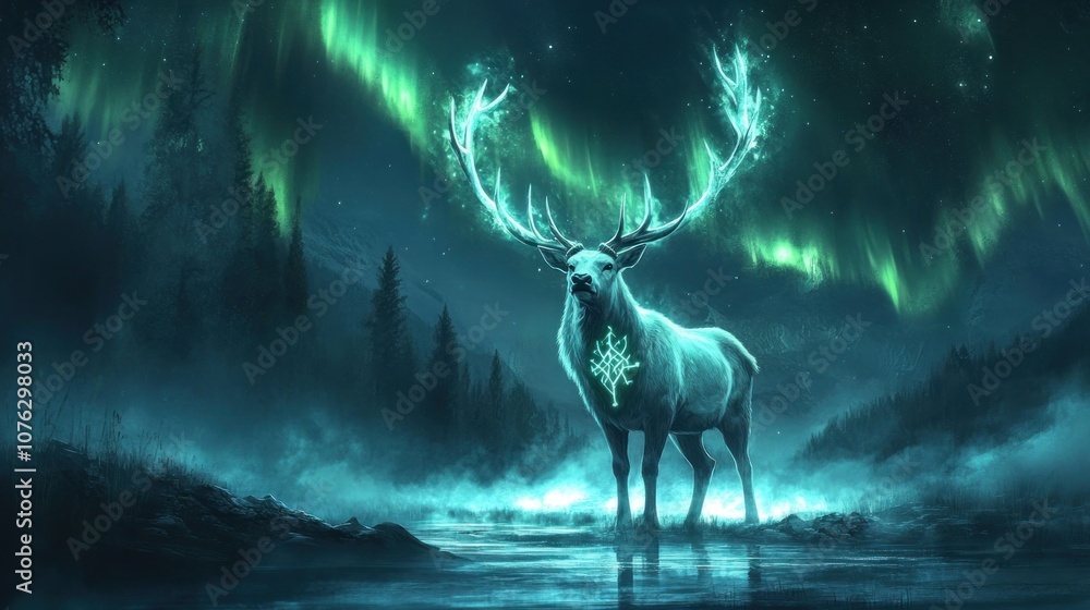Magical Deer Under Northern Lights Magical Deer Under Northern Lights
