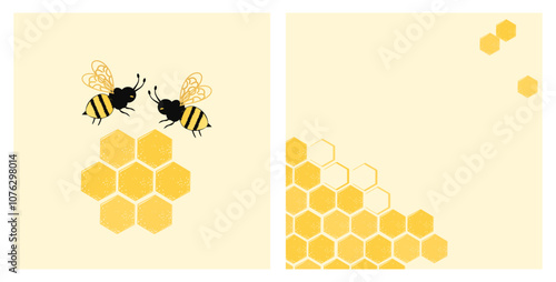 Bee cartoons and honey sign logo. Beehive honey sign with hexagon grid cells on yellow vector.