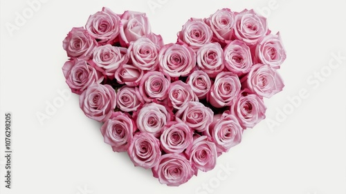 Pink roses arranged in a heart shape, isolated on a white background