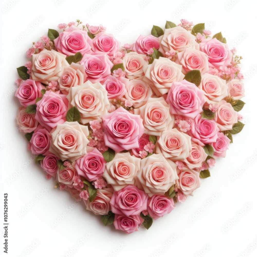 Pink roses arranged in a heart shape, isolated on a white background Pink roses arranged in a heart shape, isolated on a white background