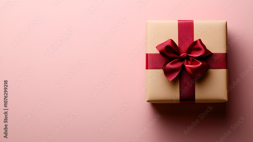 A simple brown gift box tied with a bright red bow sits on a pink background. A simple brown gift box tied with a bright red bow sits on a pink background.
