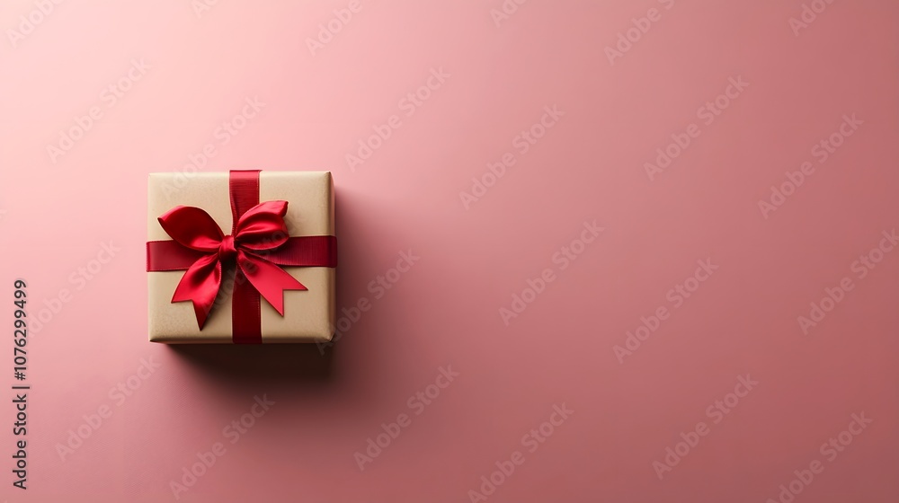 A single gift box with a red ribbon sits on a pink background, creating a festive and celebratory mood. A single gift box with a red ribbon sits on a pink background, creating a festive and celebratory mood.