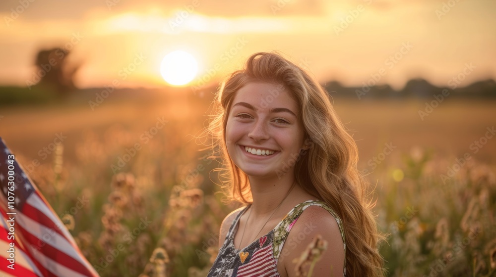 photograph of Happy woman with American flag on field during sunset photograph of Happy woman with American flag on field during sunset