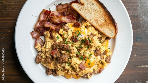 Delicious Breakfast Plate Featuring Scrambled Eggs Topped with Cheddar Cheese, Crispy Bacon Strips, Sausage Crumbles, and Toast on a Rustic Wooden Table