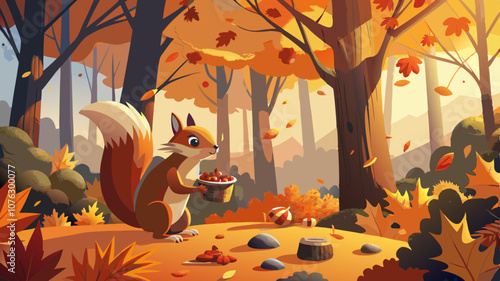 Curious squirrel is gathering food amongst a bed of orange autumn leaves