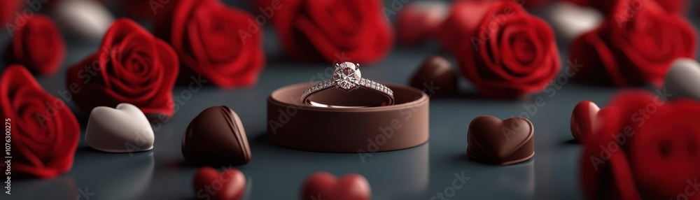 Red roses arranged around a diamond ring and heart-shaped chocolates, styled on a reflective surface Red roses arranged around a diamond ring and heart-shaped chocolates, styled on a reflective surface
