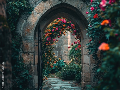 Stone Arch with Vibrant Flowers in a Medieval Gate View