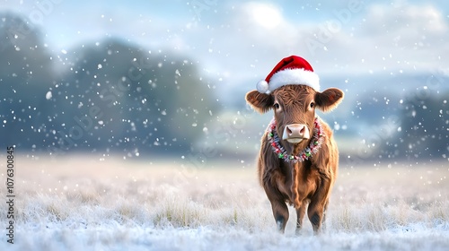 Cow celebrates christmas with cheerful hat and garland