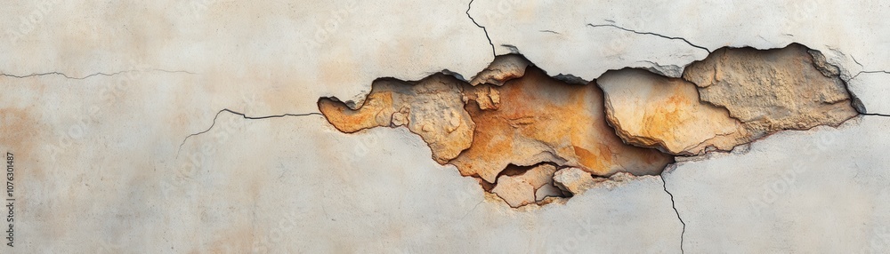 Fototapeta premium Close-up of weathered plaster revealing underlying textures and colors, showcasing the beauty of decay and time's passage.
