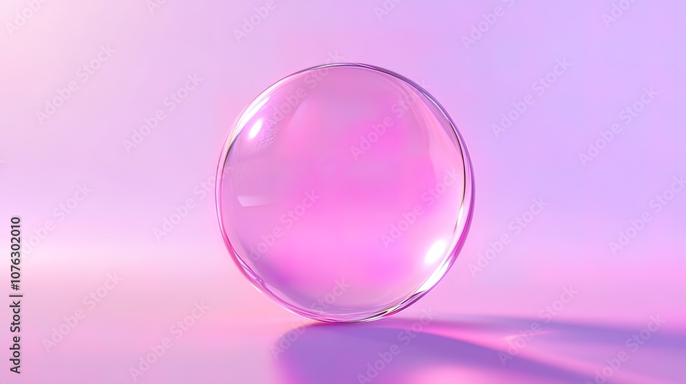 A transparent glass sphere sits on a pink and purple gradient background, casting a subtle reflection. A transparent glass sphere sits on a pink and purple gradient background, casting a subtle reflection.