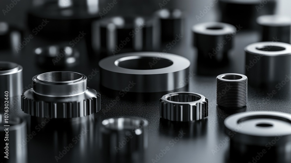 Close-Up View of Various Metallic Parts and Fasteners on a Dark Surface, Displaying Precision Engineering and Industrial Design Elements