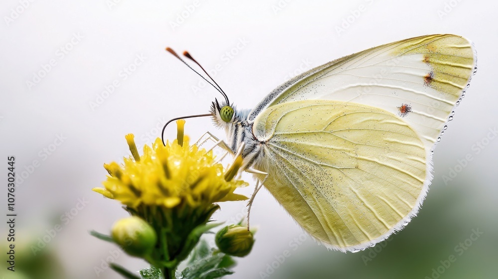 Fototapeta premium Butterfly resting on a vibrant yellow flower in a natural garden setting.