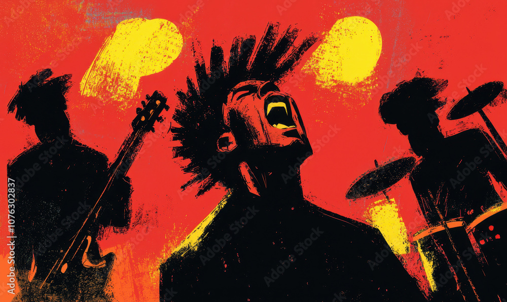 Energetic Rock Band Illustration with Vibrant Colors and Expressive Motion Energetic Rock Band Illustration with Vibrant Colors and Expressive Motion