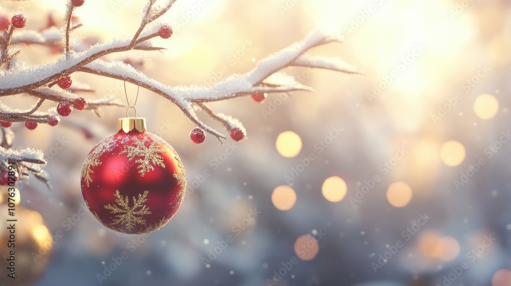 Beautiful red Christmas ornament hanging from a snow-covered branch with a soft golden bokeh background, symbolizing the joy and warmth of the holiday season. Beautiful red Christmas ornament hanging from a snow-covered branch with a soft golden bokeh background, symbolizing the joy and warmth of the holiday season.