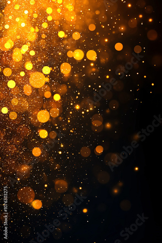 Golden bokeh lights shimmer against a deep black background, creating an enchanting and festive atmosphere. Ideal for thanksgiving, halloween, fall parties, birthday galas, or invitations.