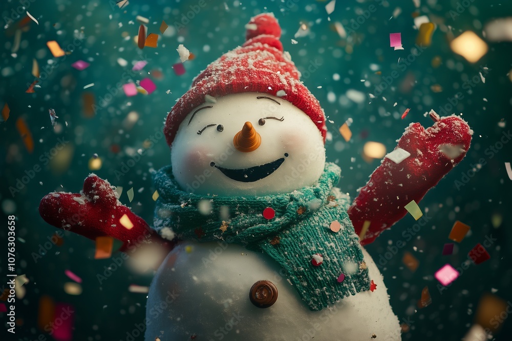 Fototapeta premium happy snowman with a green scarf and red hat, with confetti flying around, on a dark emerald background