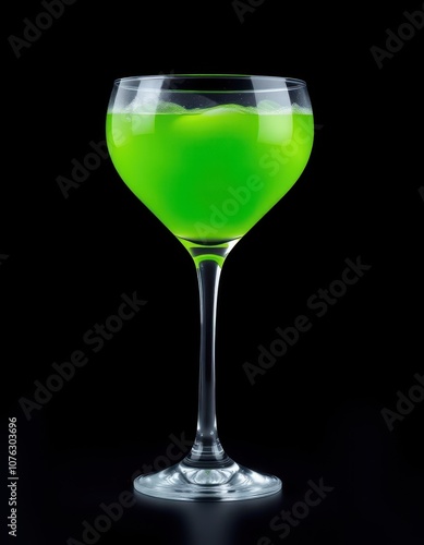 A green cocktail in a stemmed glass sits on a black surface