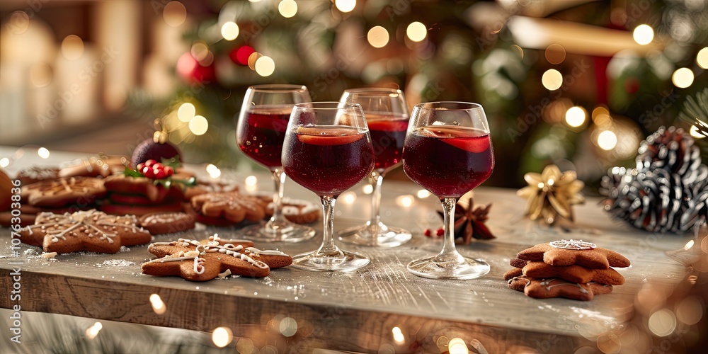 Cozy scene of hot mulled wine in glasses surrounded by gingerbread cookies, with blurred Christmas lights and festive market decorations in the background. Cozy scene of hot mulled wine in glasses surrounded by gingerbread cookies, with blurred Christmas lights and festive market decorations in the background.