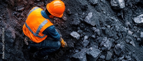 A construction worker in safety gear carefully inspects coal in a mining site, highlighting the importance of safety in the industry. photo