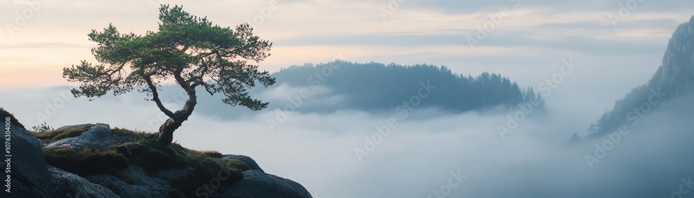 Lonely tree on hill with fog and serene backdrop. Lonely tree on hill with fog and serene backdrop.