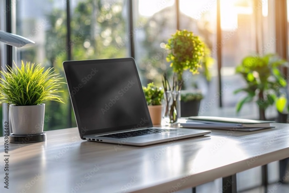 Fototapeta premium Minimalist Workspace with Laptop, Plants and Sunlight