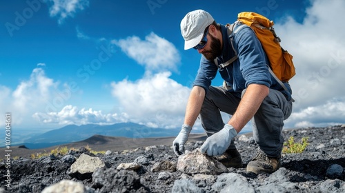 A researcher studies volcanic rocks in a stunning outdoor landscape, showcasing the beauty of geology and nature's wonders.