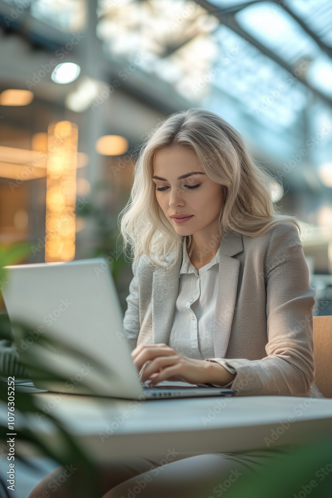 Focused businesswoman working on laptop in modern office space Focused businesswoman working on laptop in modern office space