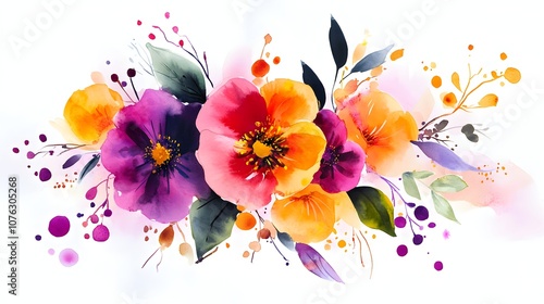 Watercolor painting of a bouquet of flowers in shades of pink, purple, and yellow.