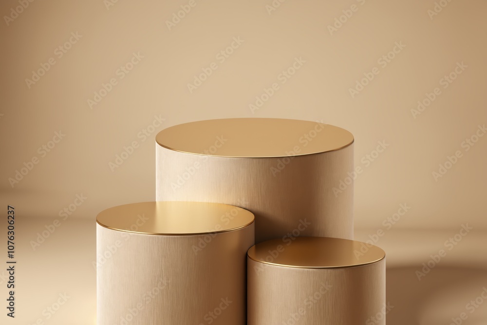 Three beige cylindrical podiums with gold tops sit on a beige background Three beige cylindrical podiums with gold tops sit on a beige background