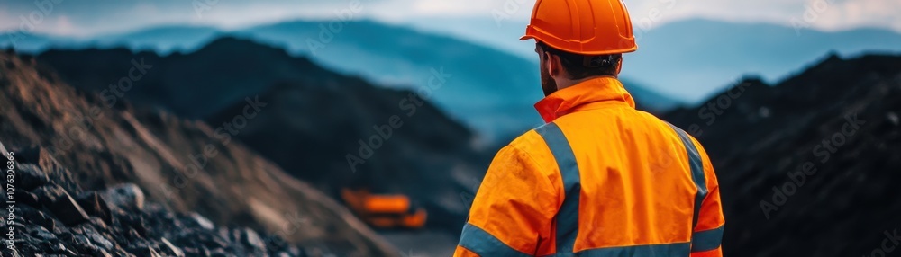 A worker in safety gear surveys the mining site, showcasing the essence of diligence and commitment to safety in construction. A worker in safety gear surveys the mining site, showcasing the essence of diligence and commitment to safety in construction.