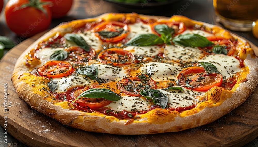 Close-up of a Margherita Pizza with Fresh Basil and Tomatoes Close-up of a Margherita Pizza with Fresh Basil and Tomatoes