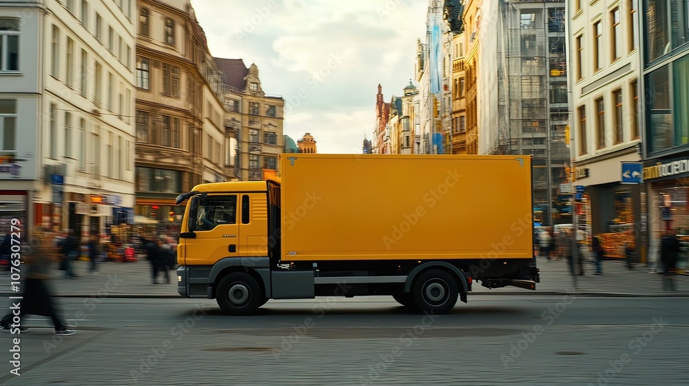 Naklejka premium A yellow delivery truck drives through a busy city street with people walking in the background.