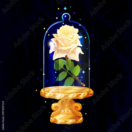 vector Beauty and Beast. Rose in glass dome, flask
