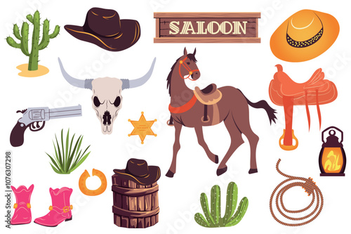 Wild west elements in flat graphic design. Collection of saloon board, horse, cowboy hat, saddle, lantern, lasso rope, cactus, cow skull, sheriff star, revolver gun, boots, other. Vector illustration.