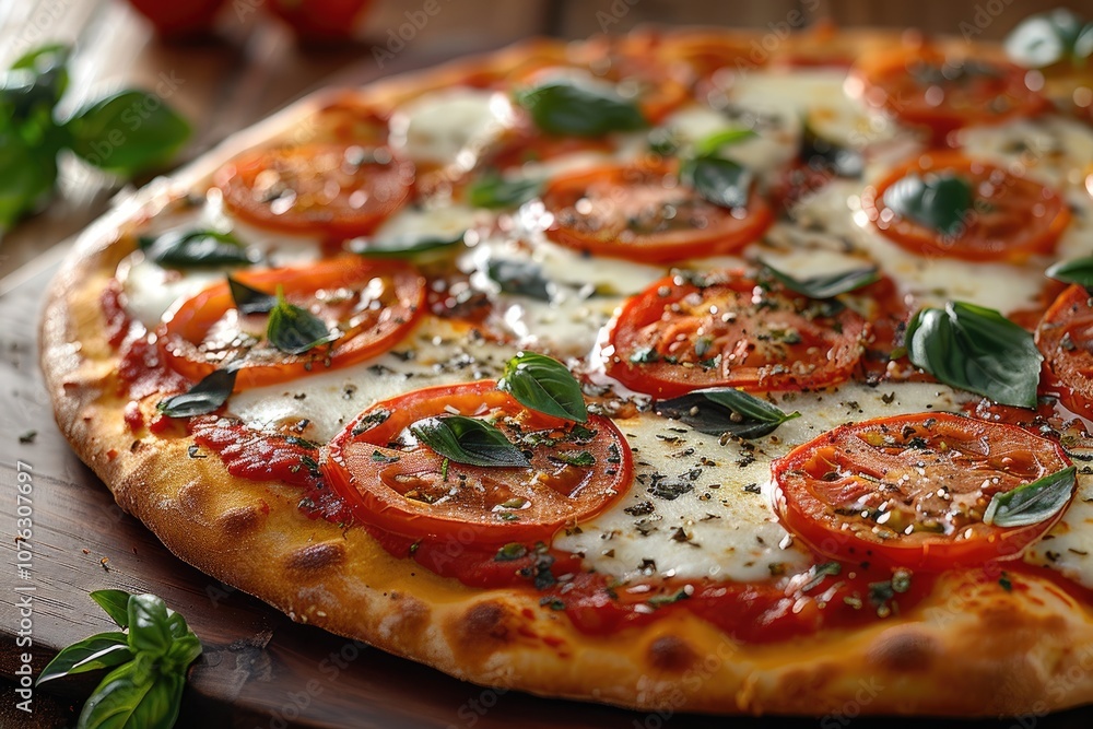 Close-up of a Margherita Pizza with Fresh Basil and Tomato Slices Close-up of a Margherita Pizza with Fresh Basil and Tomato Slices