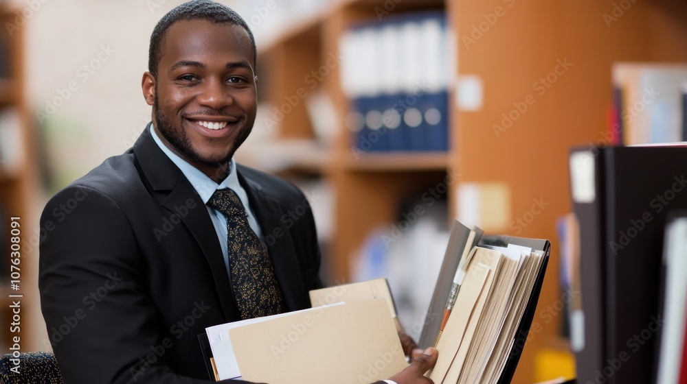 Smiling Man Holding Files in a Library Smiling Man Holding Files in a Library