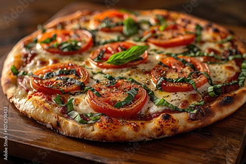 Close-up of a Margherita Pizza with Fresh Basil and Tomatoes